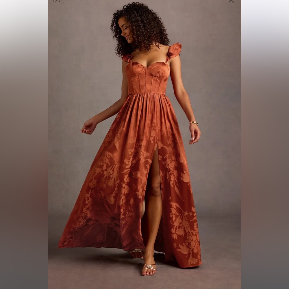 Azazie Jianna Rust Fluttersleeve Floral Burnout